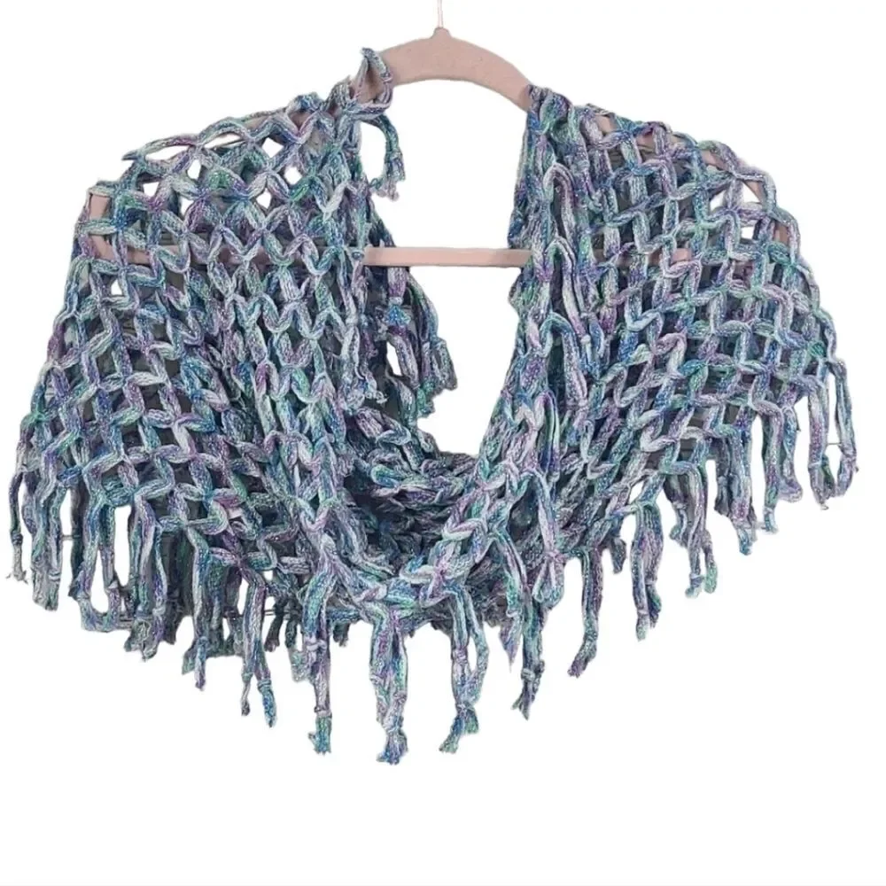 Justice Sparkly Braided Infinity Scarf Crochet Open Loose Knit Tassel Purple